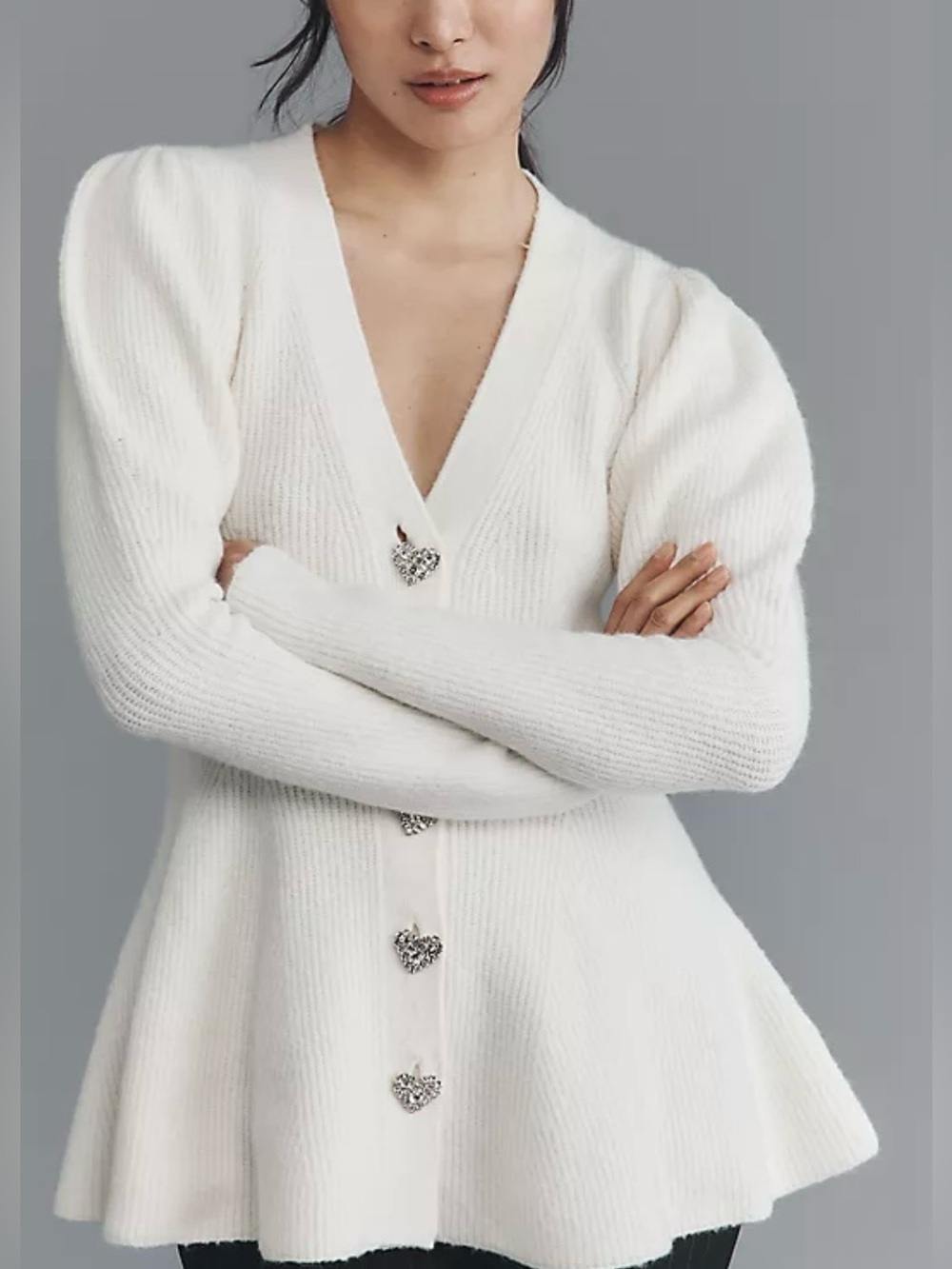 NWOT Maeve Anthropologie Puff Sleeve Heart Button Cardigan Sweater